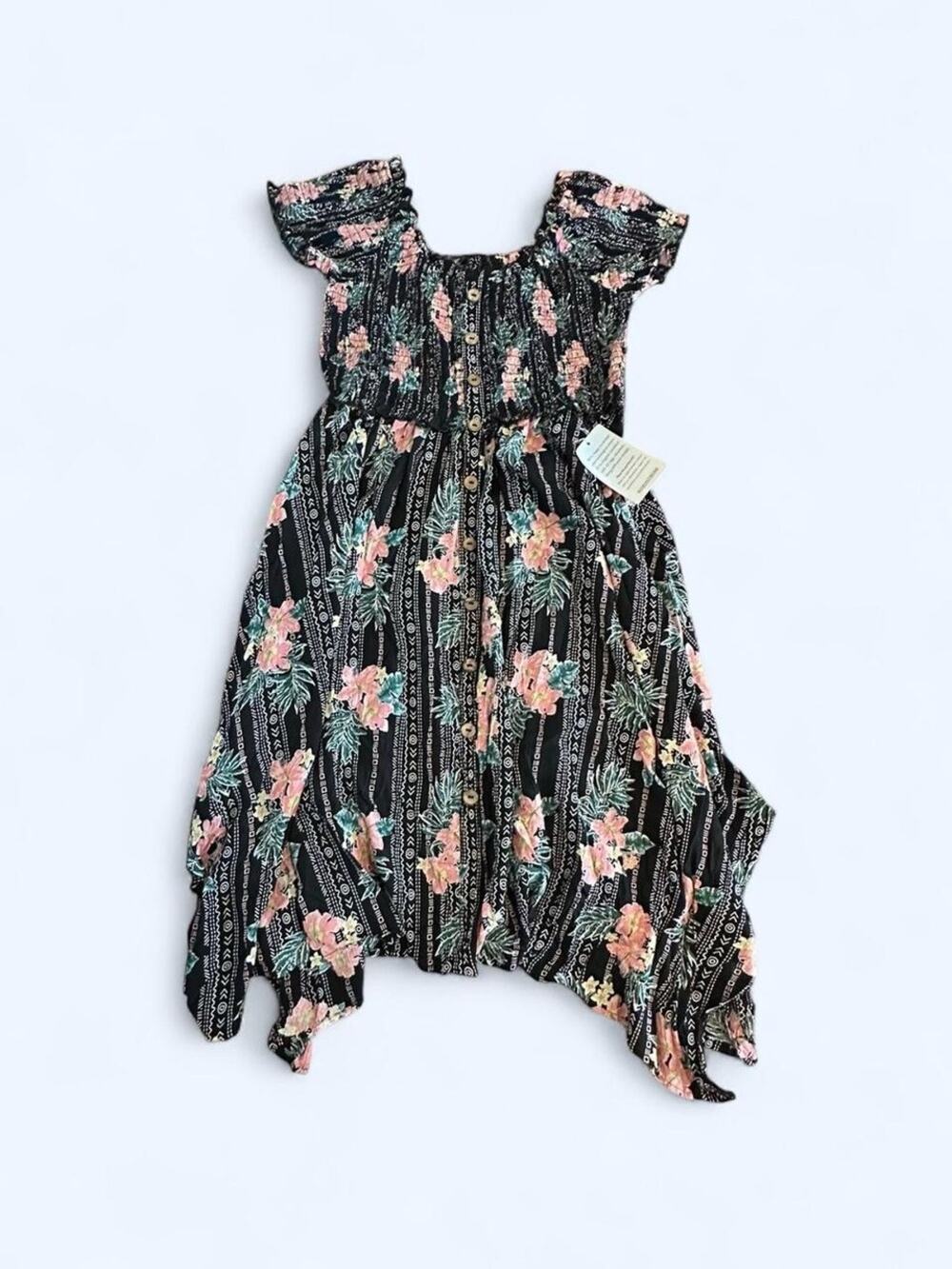 NWT Angie Black Floral Smocked Handkerchief Hem Dress Puff Sleeve Medium